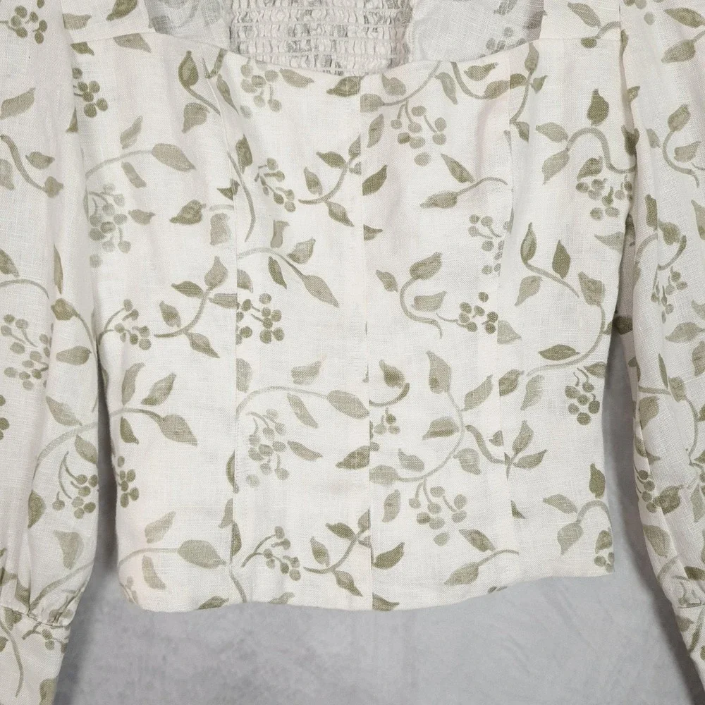 Reformation Blouse Womens 0 White Green Floral Linen Square Neck Puff Sleeve